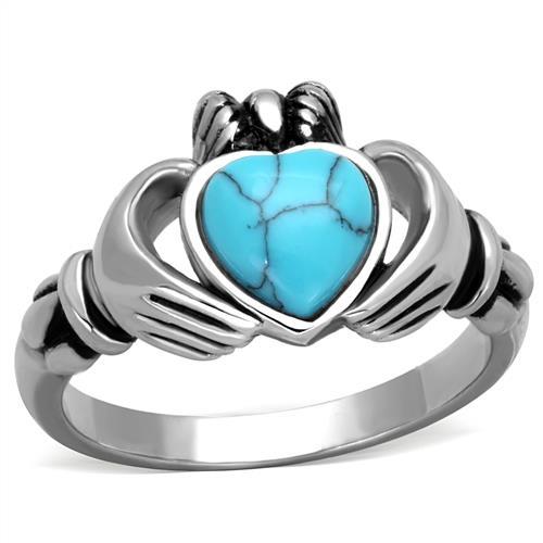 JCE1770 High polished (no plating) Stainless Steel Ring with Synthetic Turquoise in Sea Blue