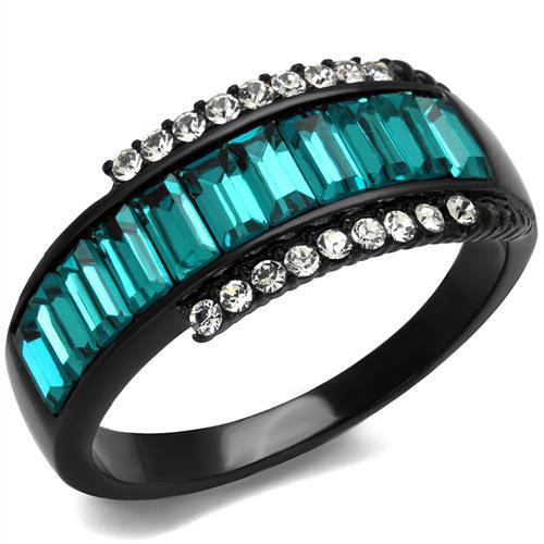 JCE2190 IP Black(Ion Plating) Stainless Steel Ring with Top Grade Crystal  in Blue Zircon